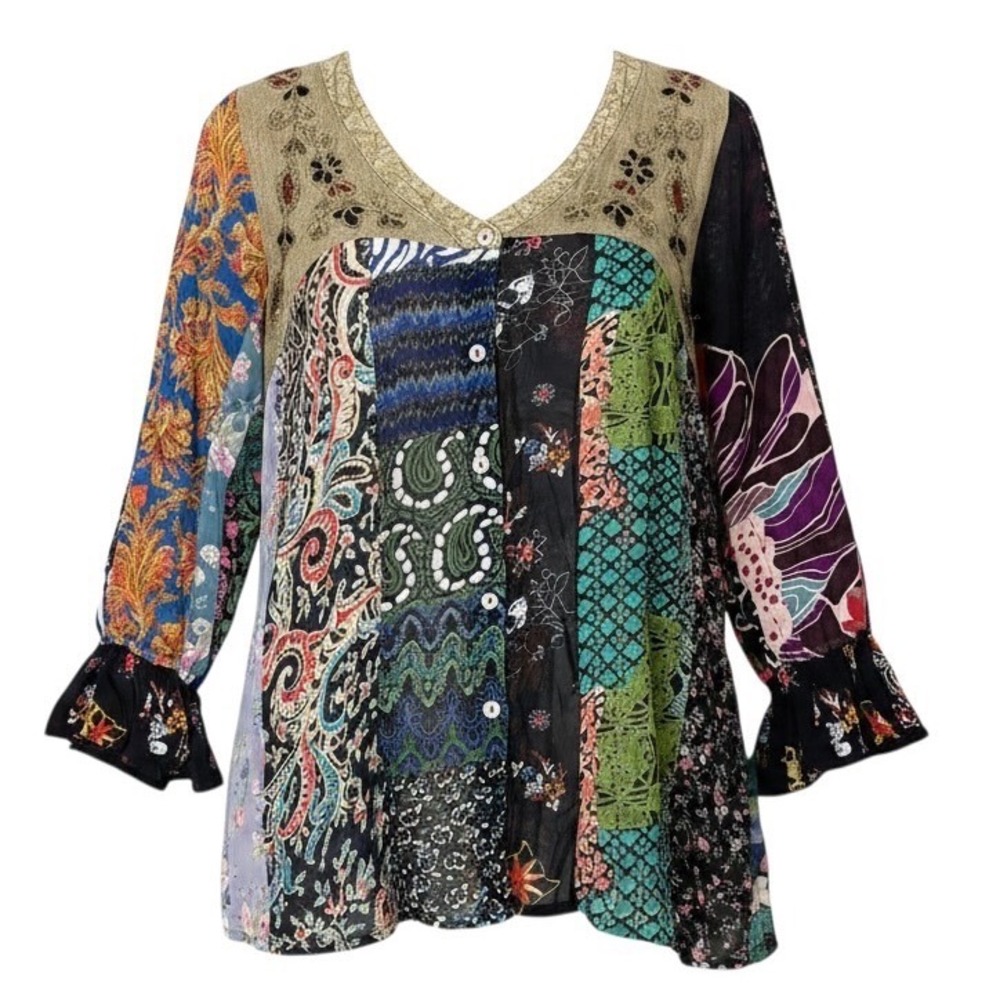 Young Threads Women Patchwork Boho Tunic Top Gravel Embroidered Ruffle Sleeve M